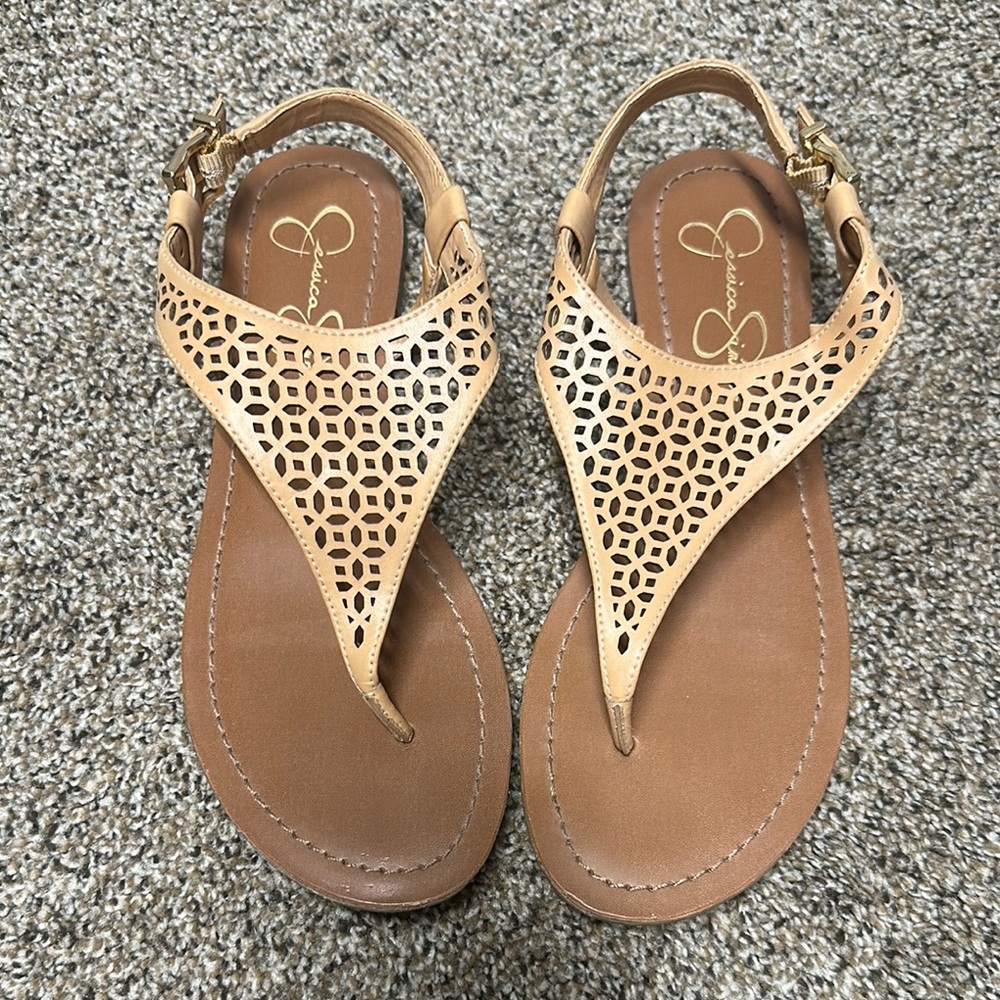 Jessica Simpson Tan Laser-Cut Sandals with Ankle Strap
